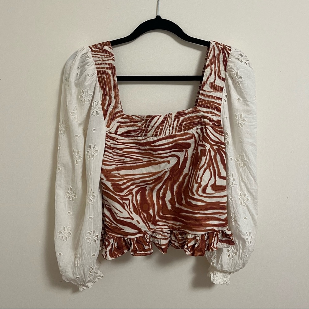 Anthro. Love the Label Smocked Zebra Blouse with Eyelet Puff Sleeves, M - Picture 4 of 15